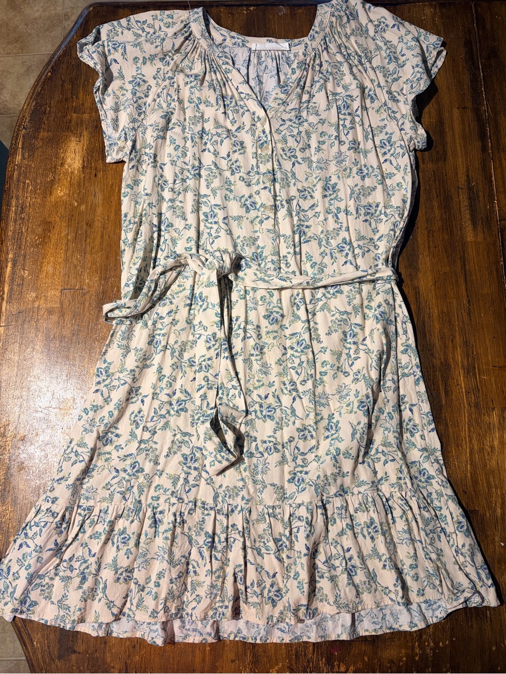 Lucky Brand Cream Floral Belted Midi Dress with Blue Print